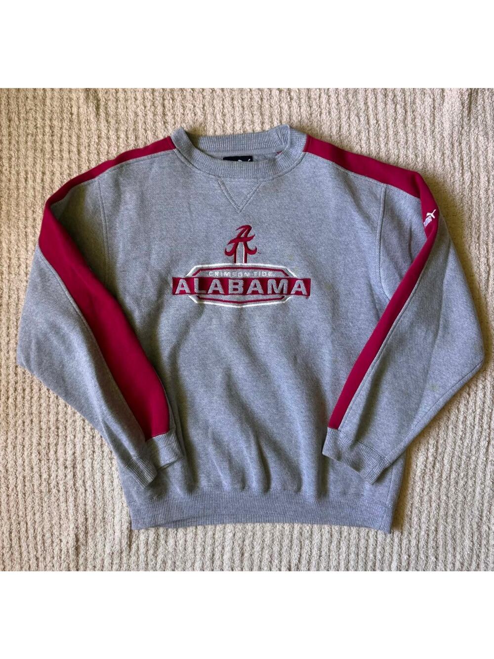 Y2K Puma Alabama Crimson Tide Crewneck Sweatshirt Men's Large Gray Red Fleece
